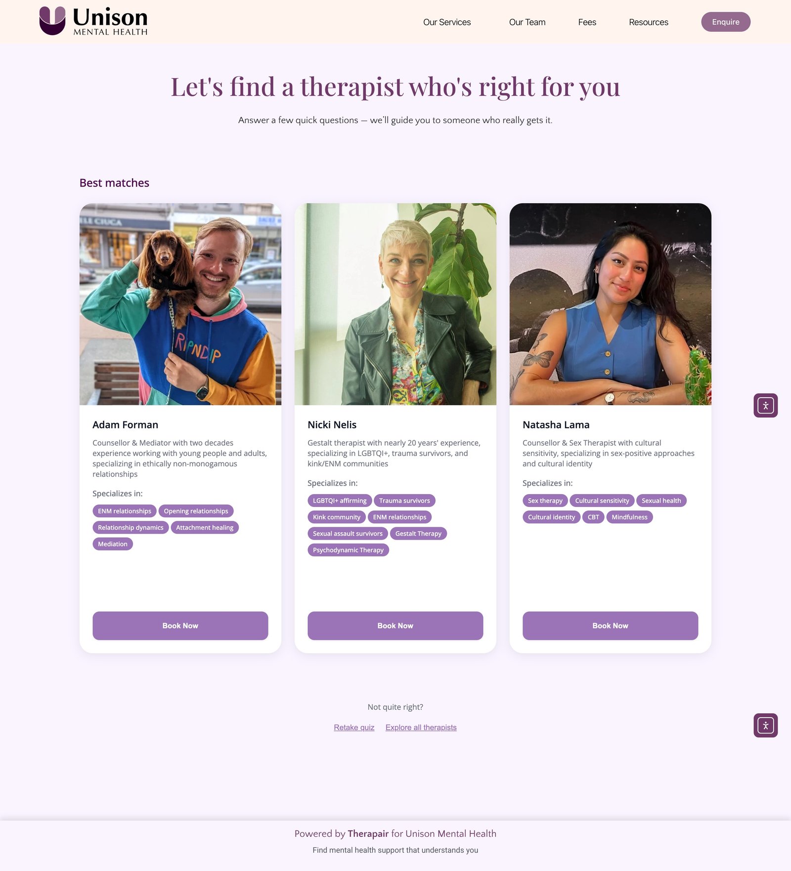 Unison Mental Health widget showing three therapist match cards